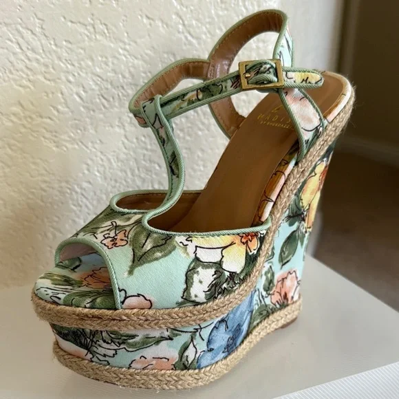 Floral Green and Blue Wedge Sandals with Platform Heel- Madison by Shoedazzle - Picture 2 of 8